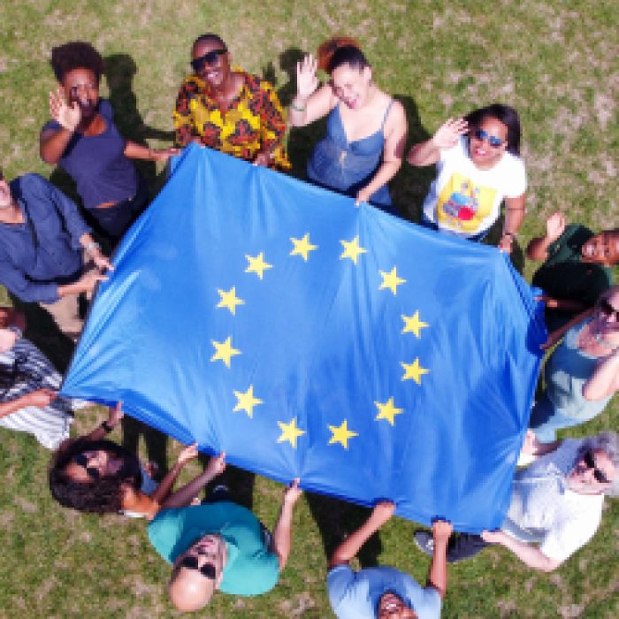 Y Multiracial group holding EU flag
